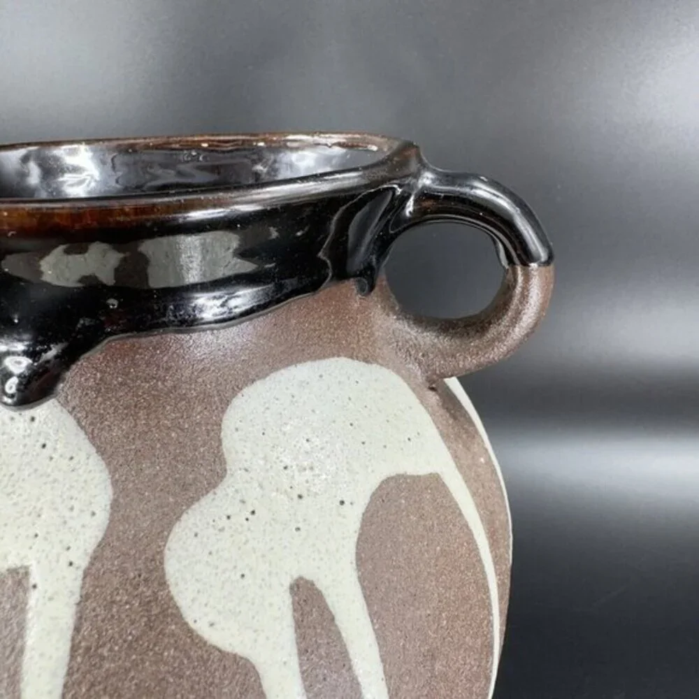W Germany Pottery‎ Lava Glaze Vase Vessel Brown Drip Glaze RedWare With Handles
